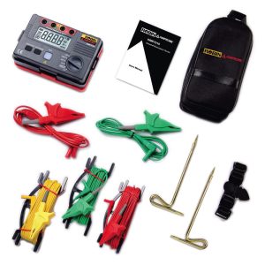 Robin KMP7010 Ground Resistance Tester measuring electrical ground resistance with digital display and test leads